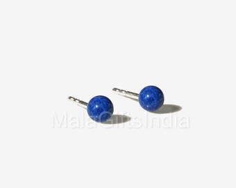 Delicate Lapis Lazuli Studs, Lapis Lazuli Earring, Lapis Jewelry, Minimalist Crystal Earrings, 925 Sterling Silver Sphere Earrings For Girls