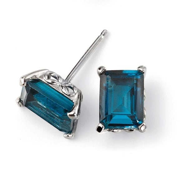 London Blue Topaz Studs, London Blue Earrings, Blue Topaz Jewelry, Dainty Earrings, Emerald Cut, 925 Sterling Silver Earrings, Unisex Studs