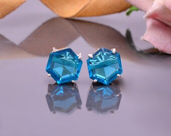 Clous d'oreilles topaze bleue, clous hexagonaux de 6/8/10 mm, boucles d'oreilles minimalistes, boucles d'oreilles topaze, boucles d'oreilles en argent sterling 925, cadeau de Noël pour fille