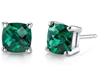 Emerald Stud Earrings, 8 MM Cushion Studs, 925 Sterling Silver Earrings, Minimalist Earrings, Emerald Earrings, Girls Earrings For Christmas