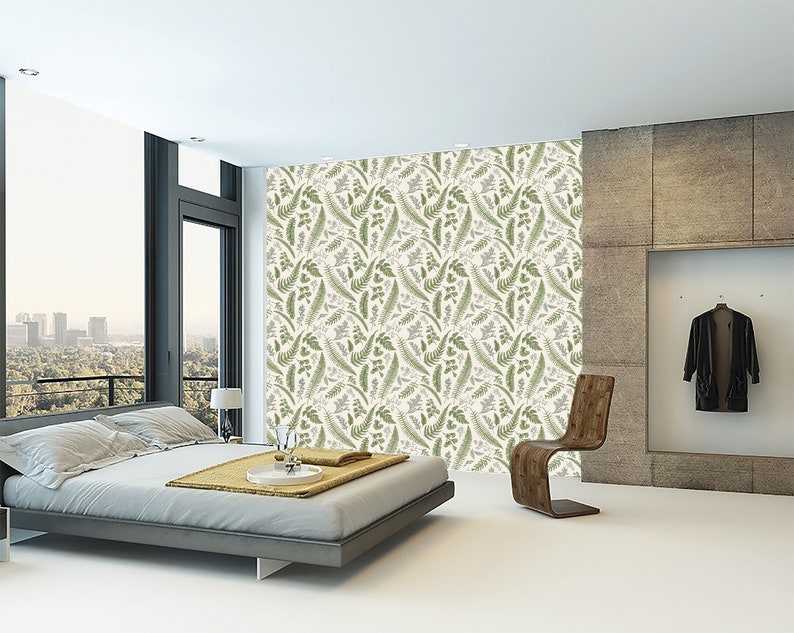 Removable wallpaper Peel and Stick maidenhair illustration Green Home Decor fern Boxwood Floral Wallpaper seeded eucalyptus