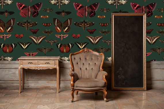 Removable Vintage Wallpaper Butterflies Pattern Dark Green - Etsy Ireland Removable Vintage Wallpaper Butterflies Pattern Dark Green - Etsy Ireland