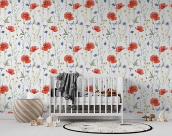 Papel pintado extraíble de campo silvestre de amapolas: decoración floral escandinava