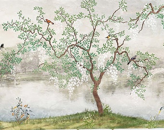 Misty Garden Chinoiserie Wallpaper Mural Birds Blossom Tree Peel Stick