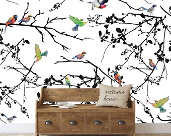 Mural de pared con pájaros coloridos, papel tapiz autoadhesivo para habitación infantil.