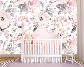Verwisselbaar behang aquarel roos: pastel kinderkamermuurschildering