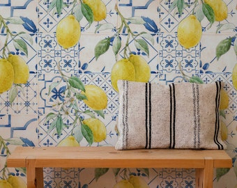 Hand-Drawn Watercolor Lemons and Blue Sicilian Style Tiles Removable Wallpaper | Self-Adhesive Wall Mural for a Temporary Feature Wall Décor