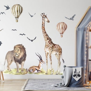 Safari Animal Watercolor Wall Decals, removable safari animals, Giraffe, Lion, Antilope nursery Stickers, Safari Jungle Wall Stickers