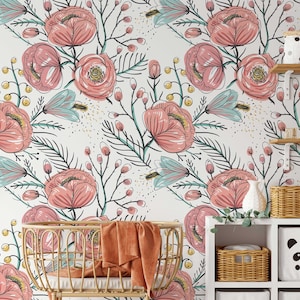 Anemone Fall Peel And Stick Wallpaper, Floral Wall Mural, Poppy Flowers Removable Wallpaper, Pink Wall Covering