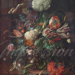 Carta da parati adesiva floreale scura - Vaso di fiori di De Heem, dipinto a olio murale, decorazione per la casa con fiori scuri