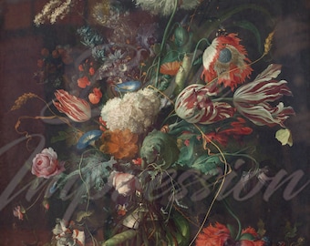 Dark Floral Wallpaper Mural: Vase of Flowers Oil Painting (Peel and Stick)