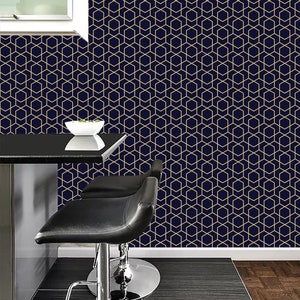 Carta da parati rimovibile blu navy e oro, decorazione murale temporanea autoadesiva geometrica esagonale scura