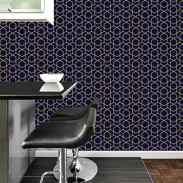 Navy and gold hexagon removable wallpaper  geometric wallpaper  self adhesive wallpaper  dark wallpaper  temporary wallpaper