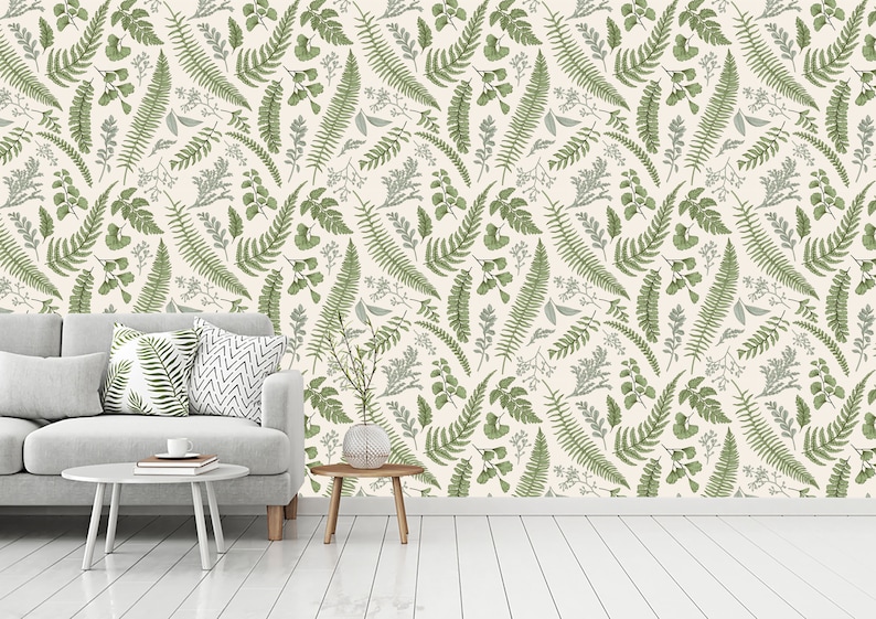Peel and Stick Removable wallpaper fern Boxwood Green Home Decor maidenhair illustration Floral Wallpaper seeded eucalyptus