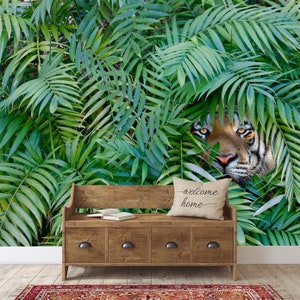 Tiger Hide and Seek Wallpaper: Jungle Leaves Wall Mural (Peel and Stick)