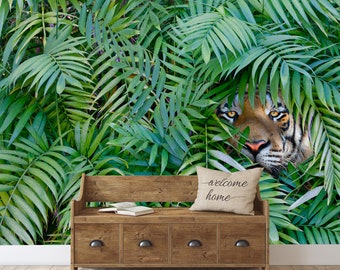 Tiger Hide and Seek Mural Jungle Leaves Self Adhesive