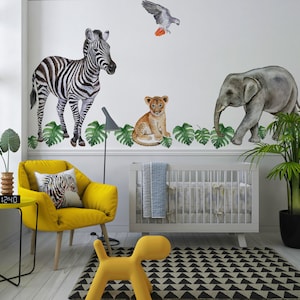 Safari Animals Wall Sticker Set for Kids Nursery, Big Peel & Stick Decals with Lion Cub, Baby Elephant, Zebra, Jungle Nursery Decor