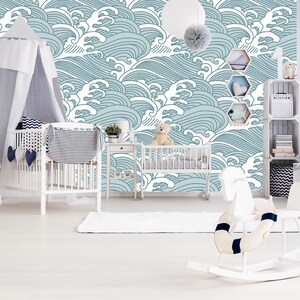 Papier peint amovible Vagues traditionnelles chinoises, Sticker mural contemporain bleu autoadhésif, Grande vague