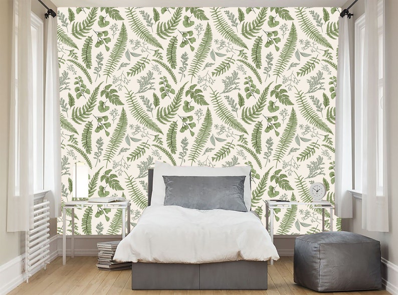 Removable wallpaper Peel and Stick maidenhair illustration Green Home Decor fern Boxwood Floral Wallpaper seeded eucalyptus