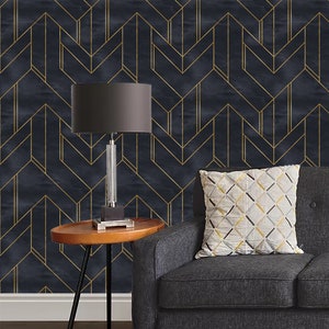 Gold and Navy Blue Geometric Wallpaper Wall Mural Minimalistic Removable Wallpaper Removable Peel and Stick Wallpaper Self Adhesive