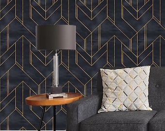 Wall Mural Gold & Navy Blue Geometric Minimalistic Removable Peel and Stick Wallpaper Self Adhesive