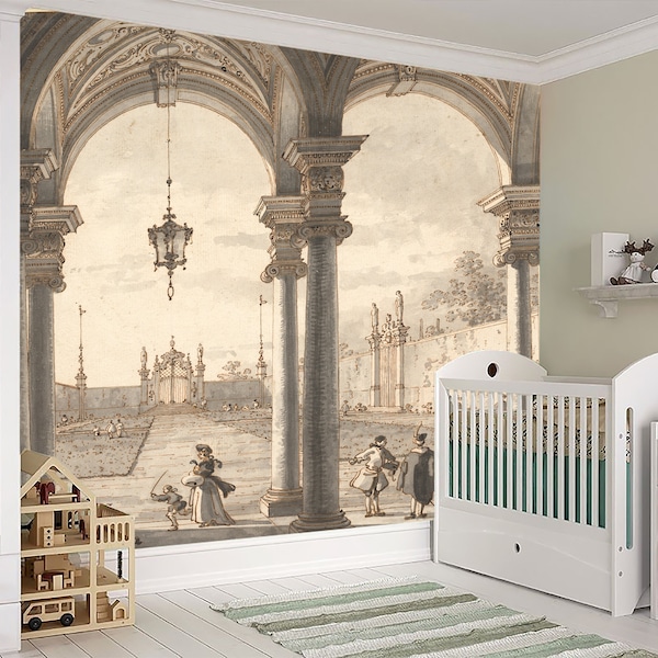 View through a Baroque by Antonio Wallpaper, full wall murals, Wall of ancient castle,  fine art photo wallpapers of baroque castle corridor