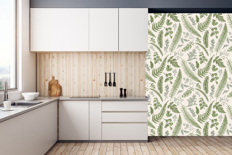 Removable wallpaper Peel and Stick maidenhair illustration Green Home Decor fern Boxwood Floral Wallpaper seeded eucalyptus