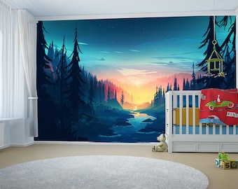 Mountain Mural Wallpaper Ombre Sunrise Sunset Nursery Art