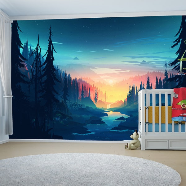 Mountain Mural Wallpaper, Ombre Mountain, Sunrise/Sunset wallpaper, Nursery wall decor