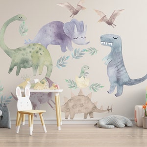 Watercolor Dinosaur Wall Decal Set: Peel and Stick Nursery Sticker
