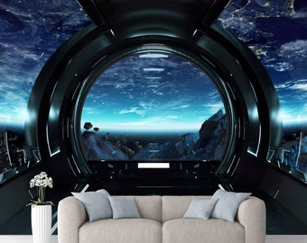 Outer Space View Wallpaper Ruimteschip Raamschildering Peel and Stick