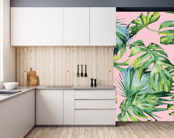 Pink Jungle Wallpaper Monstera Palm Leaf Peel and Stick Mural Tropical Botanical Decor