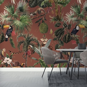 Watercolor Exotic Jungle | Removable Wallpaper | Scandinavian Wallpaper | Temporary Wallpaper | Peel and Stick Wallpaper