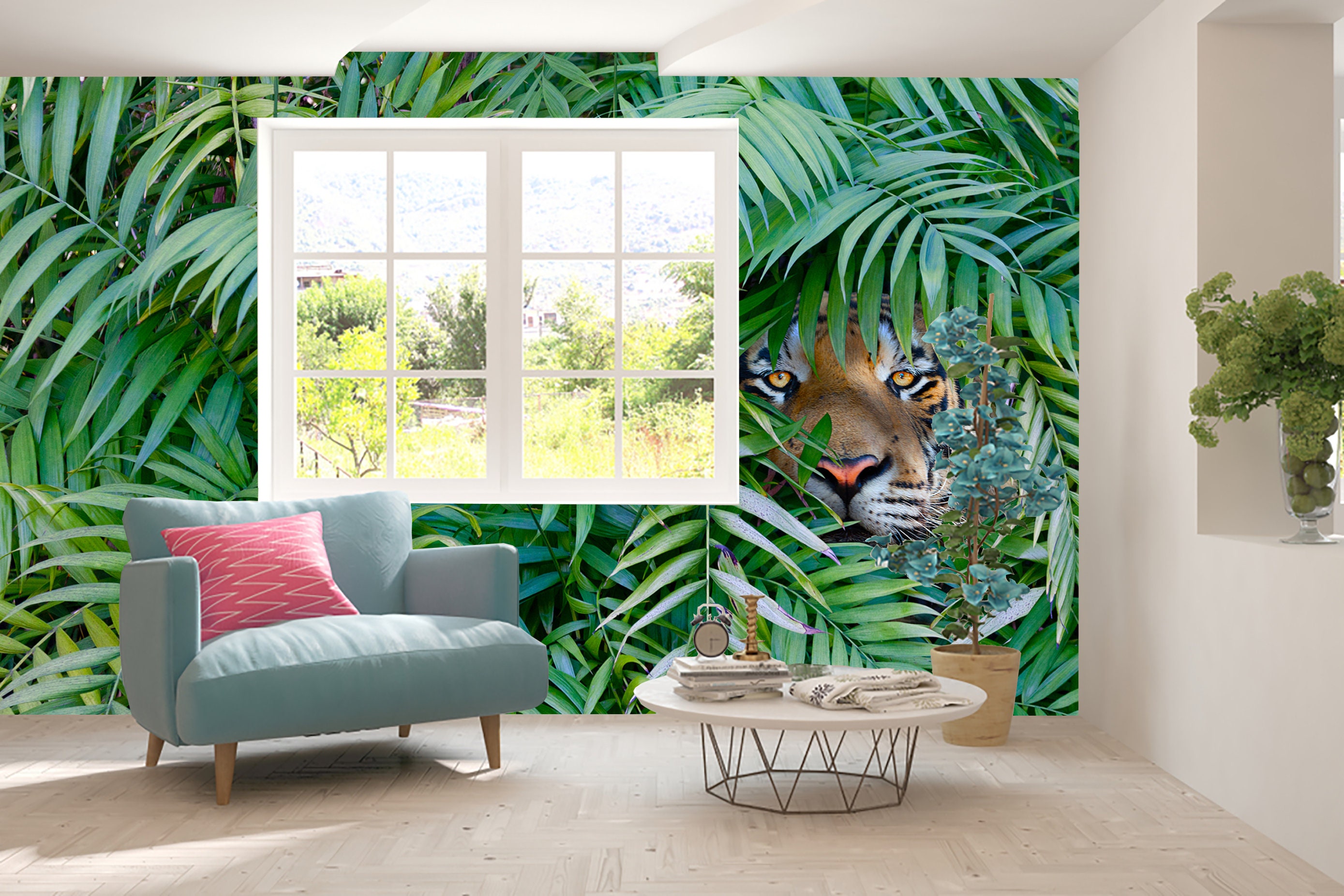 Tiger Hide and Seek Jungle Wallpaper Tropical Leaves Wild - Etsy