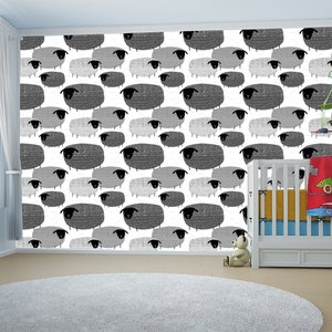 Sheep Wallpaper Mural Peel and Stick, Funny Fluffy Wool Animal Wall Art on Grey, Cute Removable Nursery & Kids Farm Pet Decor