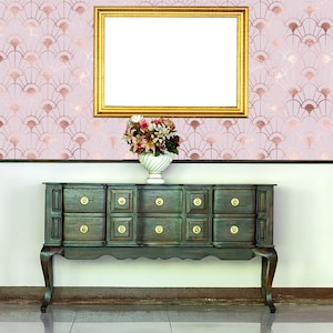 Art Deco Muster mit dekorativen Blumenformen in Roségold, Schälen und Aufkleben, temporäre Tapete, abstrakte Wandkunst
