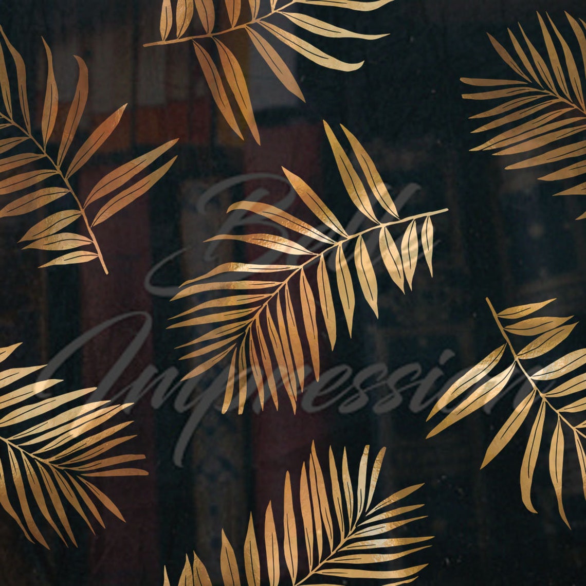Gold Tropical exotic palm leaves on a black background Green Etsy