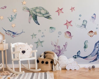 Ozean Wandtattoo, Aquarell Aufkleber Set, Kinderzimmer, schälen und sticken, Kinderzimmer Wandaufkleber, OZEAN Leben mit Wal, Fischen, Rochen, Schildkröten, Korallen