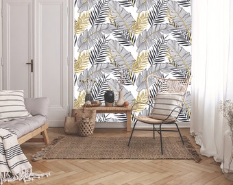 Tropische Goldblätter abnehmbare Tapete, Palmblatt-Wanddekor, Palmenblatt, temporäre Tapete, moderne und elegante Tapete, abziehen und aufkleben