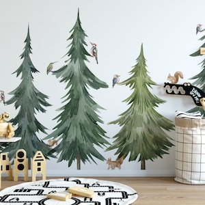 Watercolor Forest Tree Wall Sticker Nursery Mural - Peel and Stick Tree Decal for Kids Room Decor