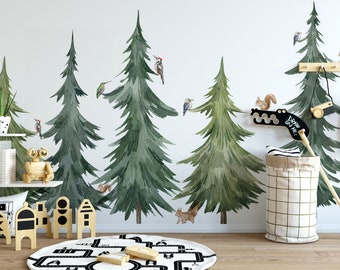 Watercolor Forest Tree Wall Decal: Peel and Stick Nursery Mural