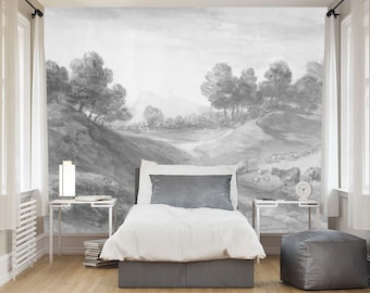 Vintage Landscape Wall Mural Monochrome Countryside Art Wallpaper Peel and Stick Scenic Decor