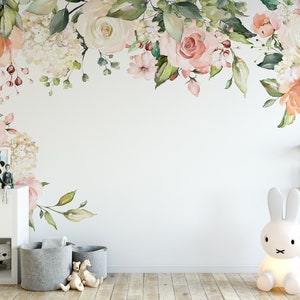 Watercolor Flowers Decals Set for Nursery Wall Art & Illustration, Removable Floral Wall Cover, Kids Room Decor