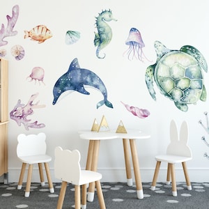 Ocean Wall Decal, Watercolor Decal Set, nursery, Peel and stick, Nursery wall sticker, OCEAN Life with dolphin, fishes, turtles, corals