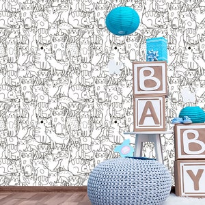 Papel pintado Doodle Cats, moderno y autoadhesivo para pared.