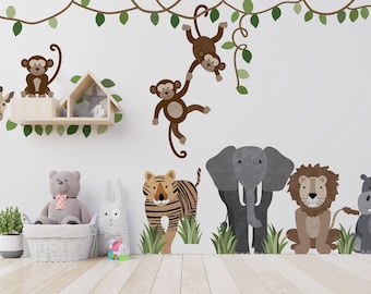 Safari animals and monkey large wall decals, jungle animal wall stickers for nurseries, adjustable jungle wall decals, repositionable decal