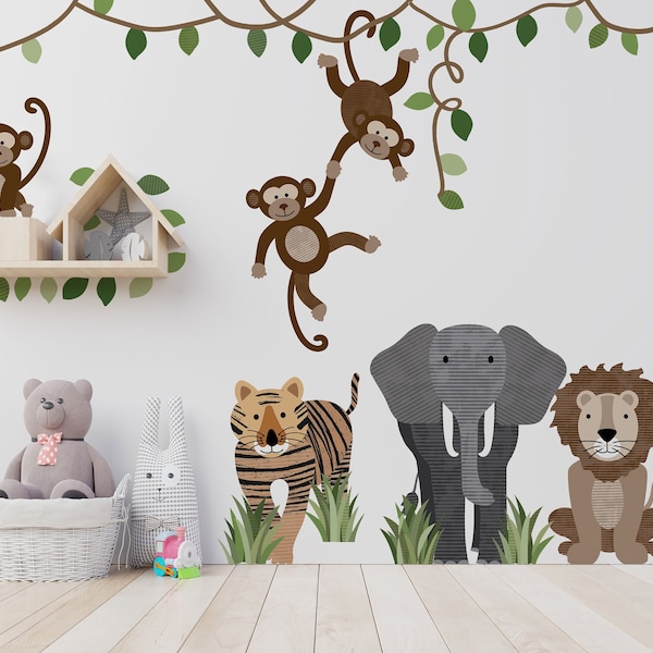 Safari animals and monkey large wall decals, jungle animal wall stickers for nurseries, adjustable jungle wall decals, repositionable decal