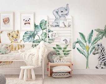 Safari Kinderzimmer Wandtattoos Dschungeltier Aufkleber Aquarell Babyzimmer Dekor Schälen und Stick Kinder Wandkunst abnehmbares Wandbild