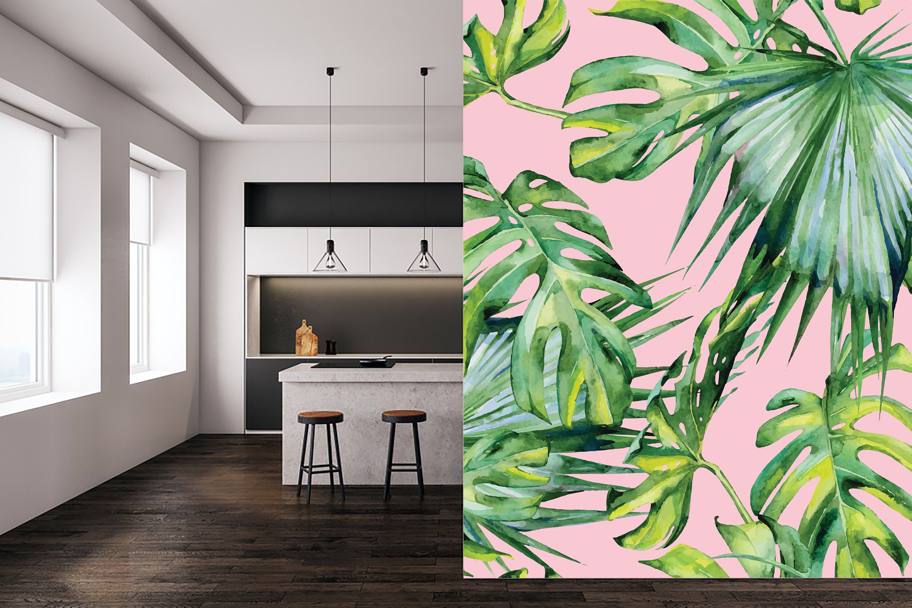 Rainforest Jungle Tropical Wallpaper. Peel and Stick Wall Mural. Green  Flowers and Palm Tree Leaves Design. Bathroom, Bedroom Decor. #6357 (Small