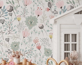 Pastel Floral Wallpaper | Removable Self Adhesive Botanical Wallpaper | Floral Peel and Stick or Pre-Pasted Wallpaper